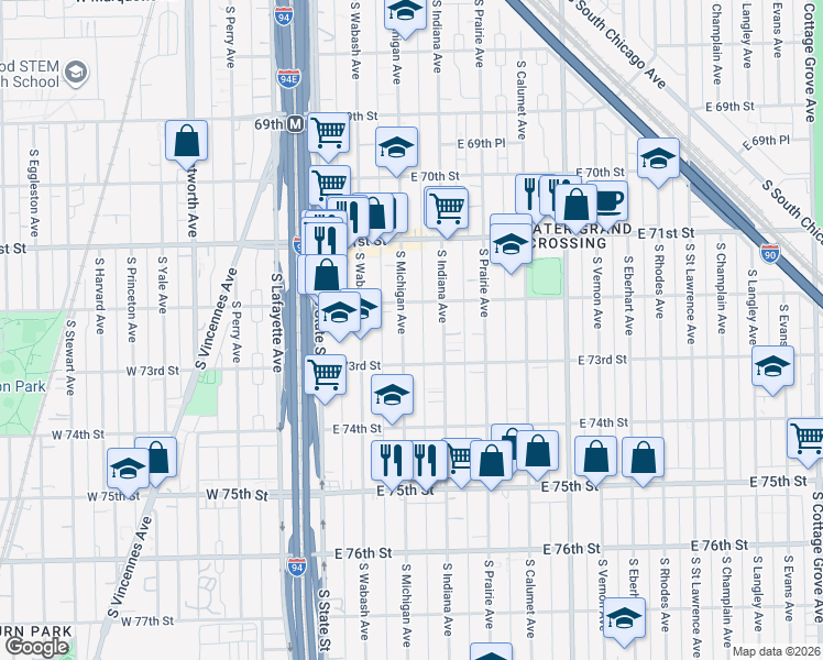map of restaurants, bars, coffee shops, grocery stores, and more near 7227 South Michigan Avenue in Chicago