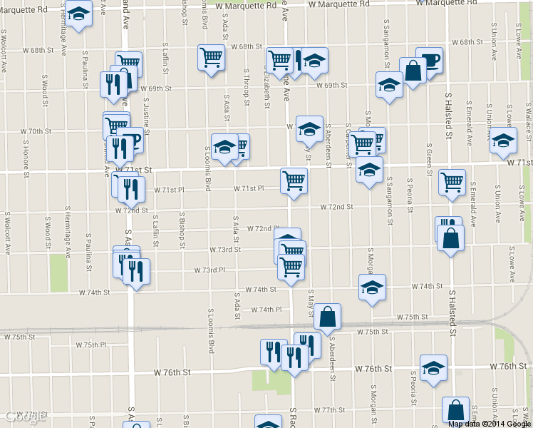 map of restaurants, bars, coffee shops, grocery stores, and more near 1235 West 72nd Street in Chicago