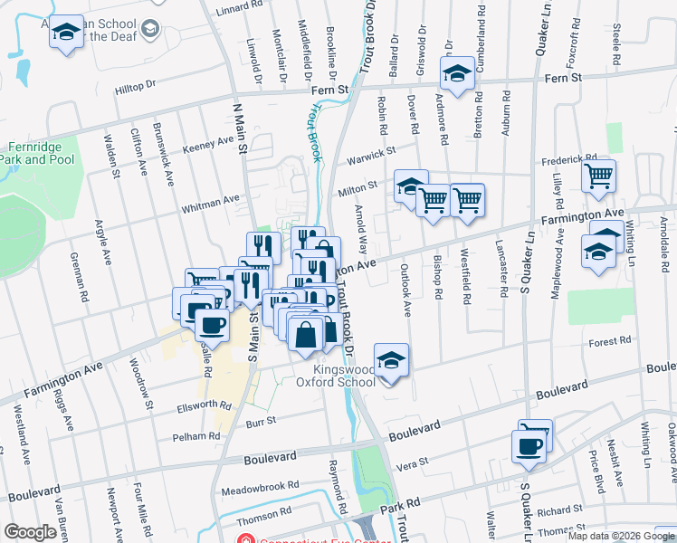 map of restaurants, bars, coffee shops, grocery stores, and more near Farmington Avenue & Trout Brook Drive in West Hartford