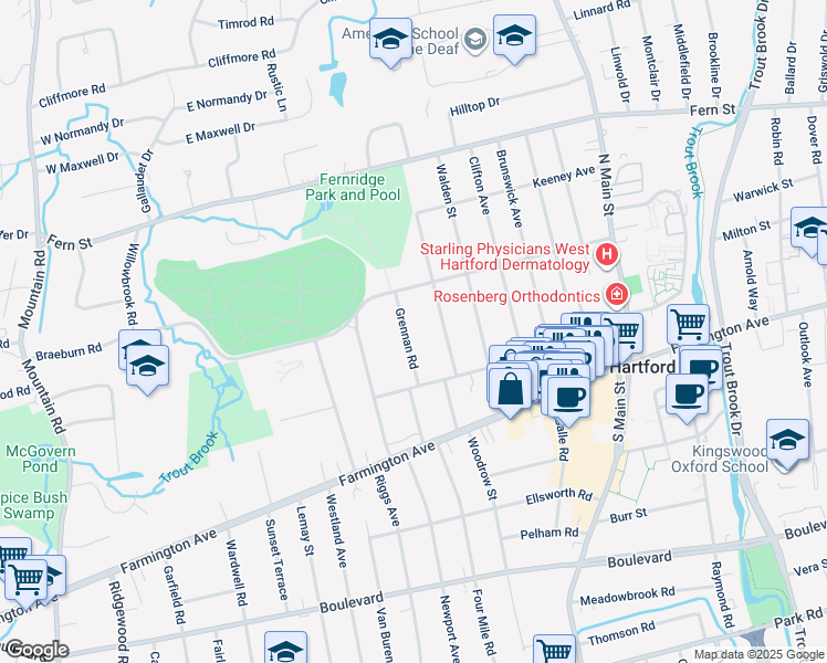 map of restaurants, bars, coffee shops, grocery stores, and more near 94 Grennan Road in West Hartford