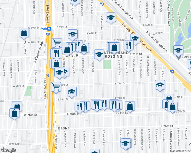 map of restaurants, bars, coffee shops, grocery stores, and more near 7229 South Prairie Avenue in Chicago