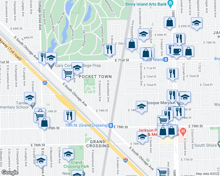 map of restaurants, bars, coffee shops, grocery stores, and more near 7241 South Woodlawn Avenue in Chicago