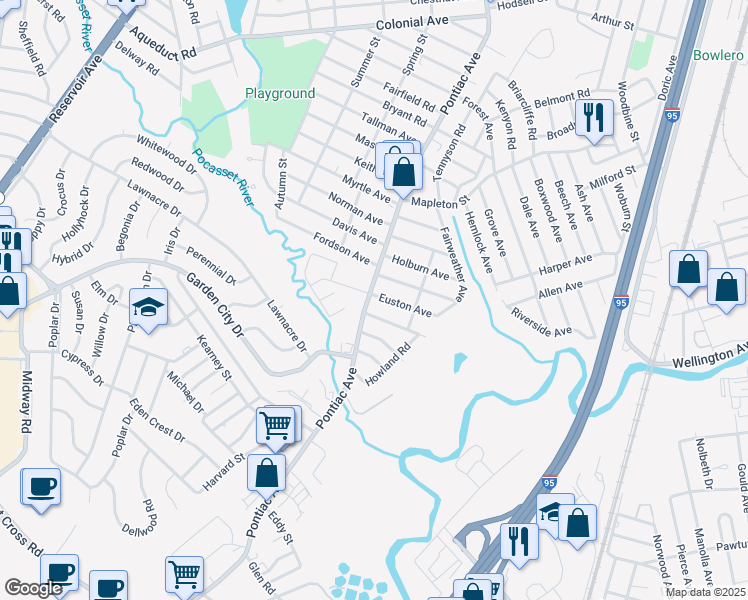map of restaurants, bars, coffee shops, grocery stores, and more near 3 Euston Avenue in Cranston