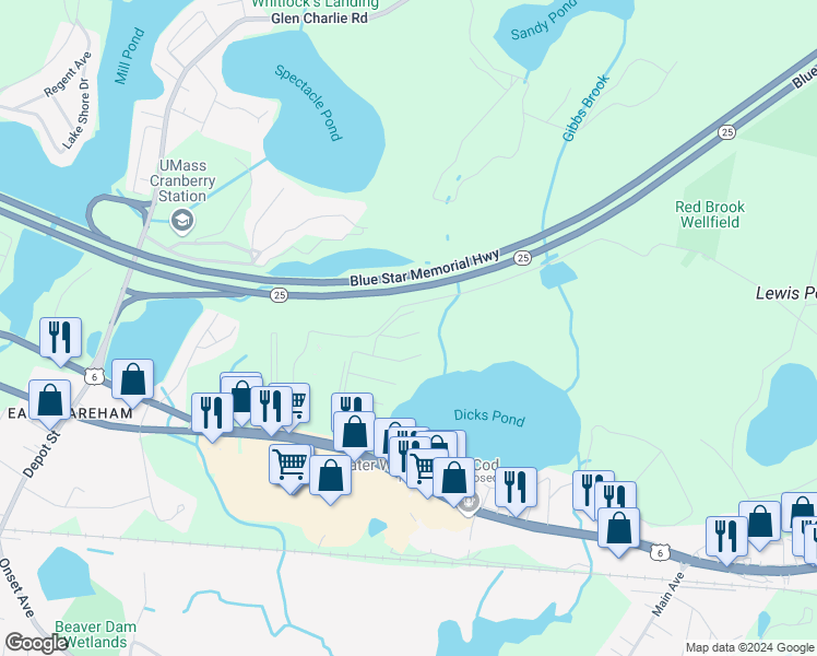 map of restaurants, bars, coffee shops, grocery stores, and more near 26 Claudia Street in Wareham