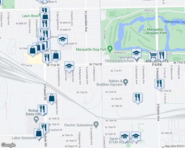 map of restaurants, bars, coffee shops, grocery stores, and more near 7142 South Millard Avenue in Chicago
