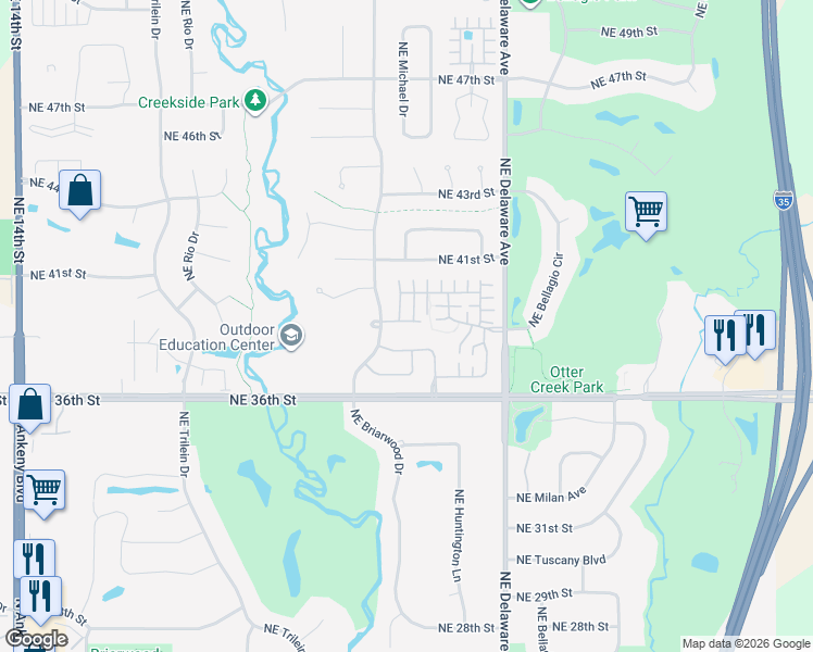 map of restaurants, bars, coffee shops, grocery stores, and more near 807 Northeast Wisteria Lane in Ankeny