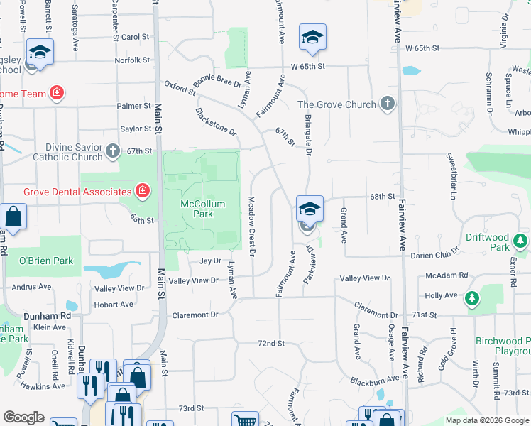 map of restaurants, bars, coffee shops, grocery stores, and more near 6806 Valley View Drive in Downers Grove
