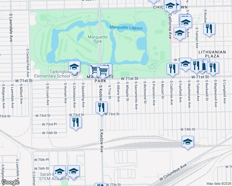 map of restaurants, bars, coffee shops, grocery stores, and more near 7148 South Albany Avenue in Chicago