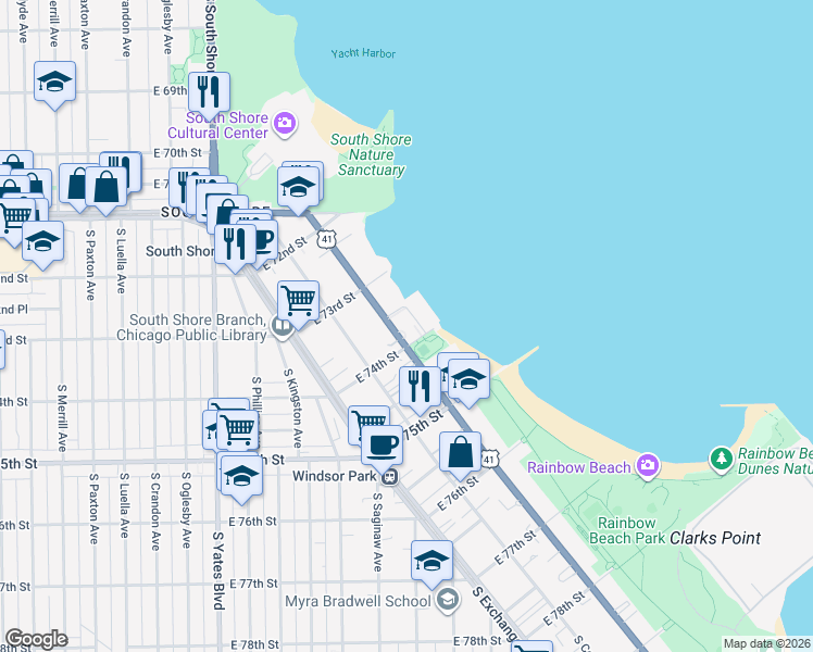 map of restaurants, bars, coffee shops, grocery stores, and more near 7344 South South Shore Drive in Chicago