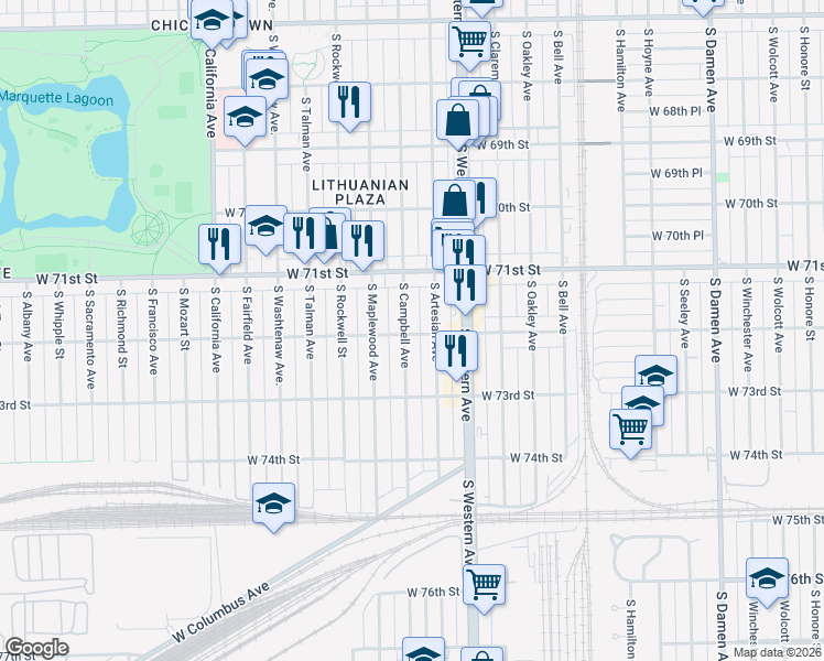 map of restaurants, bars, coffee shops, grocery stores, and more near 7159 South Campbell Avenue in Chicago