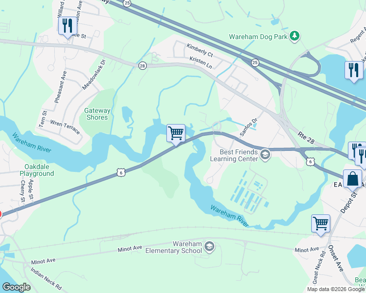 map of restaurants, bars, coffee shops, grocery stores, and more near 179 Sandwich Road in Wareham