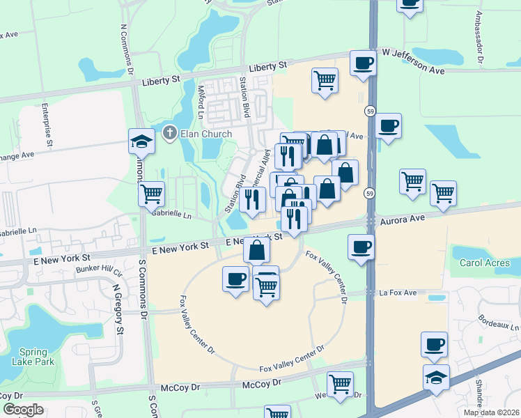 map of restaurants, bars, coffee shops, grocery stores, and more near 443 Plaza Place in Aurora
