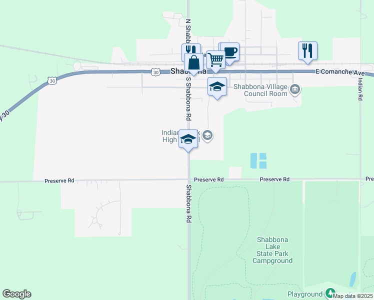 map of restaurants, bars, coffee shops, grocery stores, and more near 507 South Shabbona Road in Shabbona