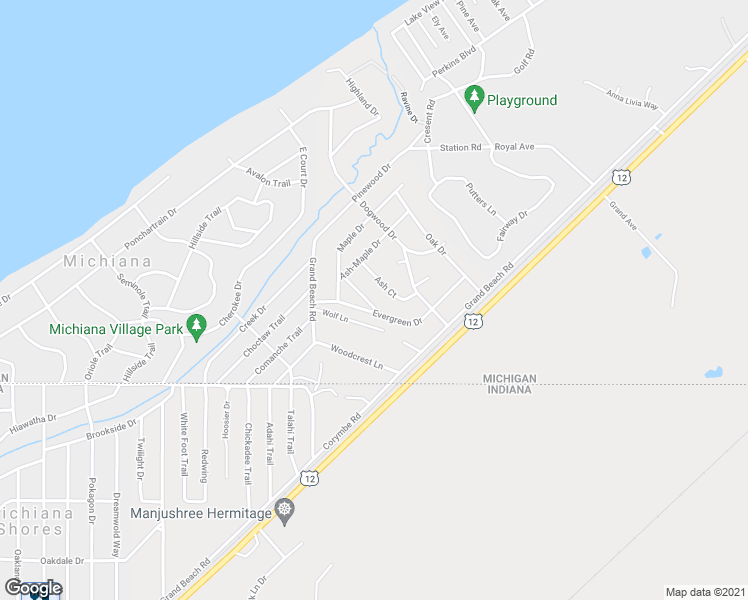 map of restaurants, bars, coffee shops, grocery stores, and more near 19691 Catalpa Drive in New Buffalo