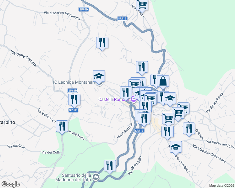 map of restaurants, bars, coffee shops, grocery stores, and more near 17 Viale Silvio Spaventa in Rocca di Papa