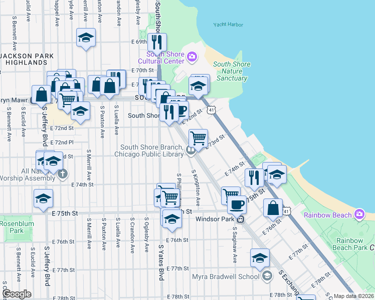 map of restaurants, bars, coffee shops, grocery stores, and more near 7256 South Exchange Avenue in Chicago