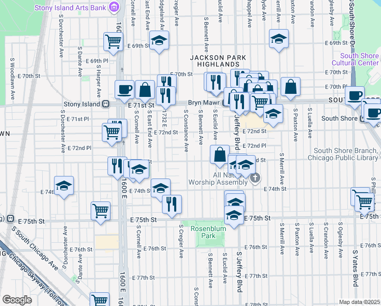 map of restaurants, bars, coffee shops, grocery stores, and more near 7247 South Constance Avenue in Chicago