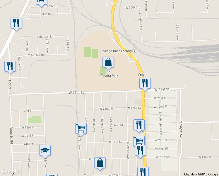 map of restaurants, bars, coffee shops, grocery stores, and more near 7300 West 71st Street in Bridgeview