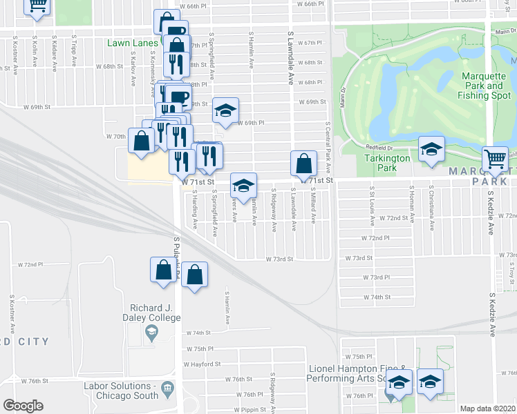 map of restaurants, bars, coffee shops, grocery stores, and more near 7139 South Hamlin Avenue in Chicago