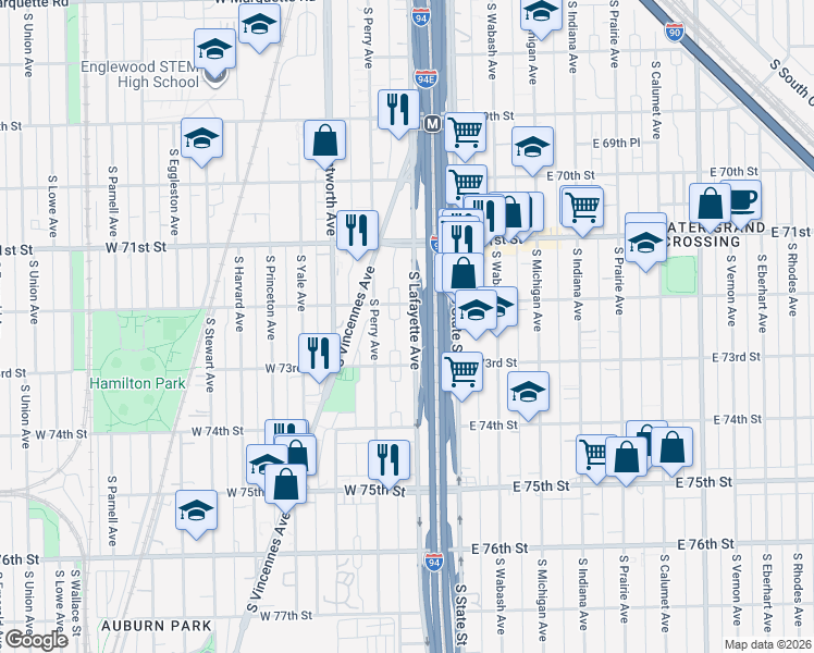 map of restaurants, bars, coffee shops, grocery stores, and more near 7222 South Lafayette Avenue in Chicago