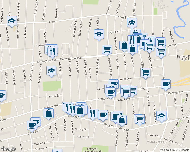 map of restaurants, bars, coffee shops, grocery stores, and more near 69 South Highland Street in West Hartford