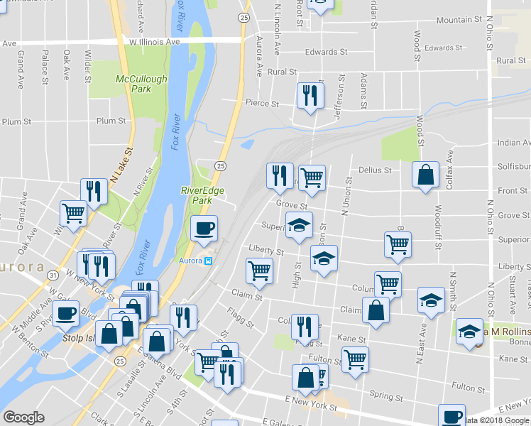 map of restaurants, bars, coffee shops, grocery stores, and more near 367 North Lincoln Avenue in Aurora