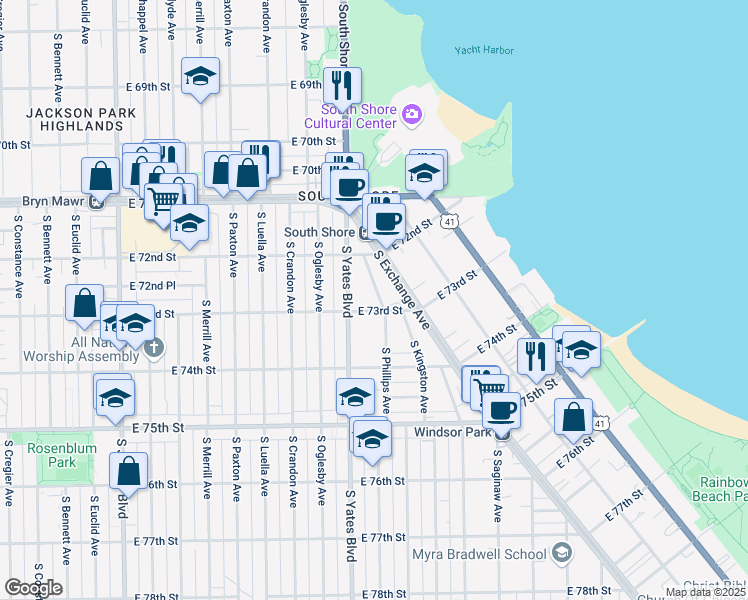 map of restaurants, bars, coffee shops, grocery stores, and more near 7246 South Phillips Avenue in Chicago
