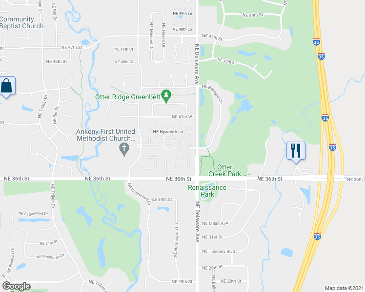 map of restaurants, bars, coffee shops, grocery stores, and more near Northeast Greenview Drive in Ankeny