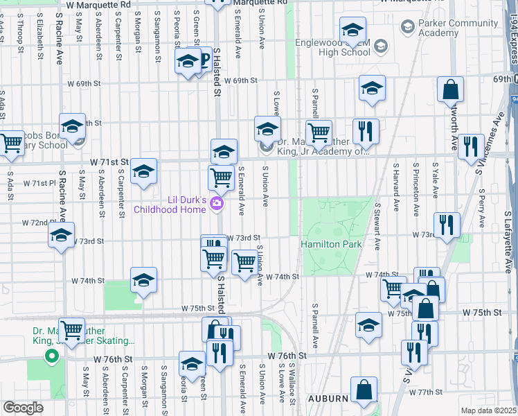 map of restaurants, bars, coffee shops, grocery stores, and more near 7208 South Union Avenue in Chicago