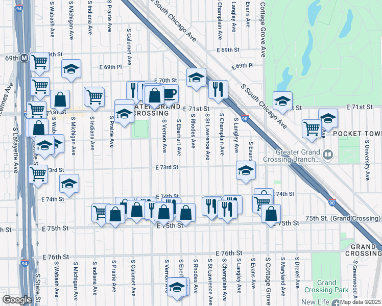 map of restaurants, bars, coffee shops, grocery stores, and more near 7232 South Rhodes Avenue in Chicago