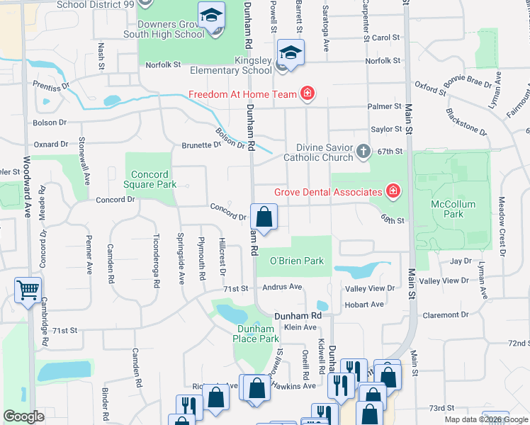 map of restaurants, bars, coffee shops, grocery stores, and more near 1341 68th Street in Downers Grove