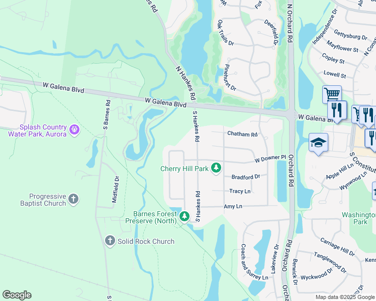 map of restaurants, bars, coffee shops, grocery stores, and more near 21 Raven Drive in Aurora
