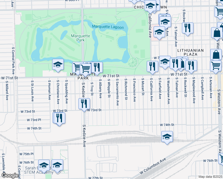 map of restaurants, bars, coffee shops, grocery stores, and more near 7149 South Whipple Street in Chicago