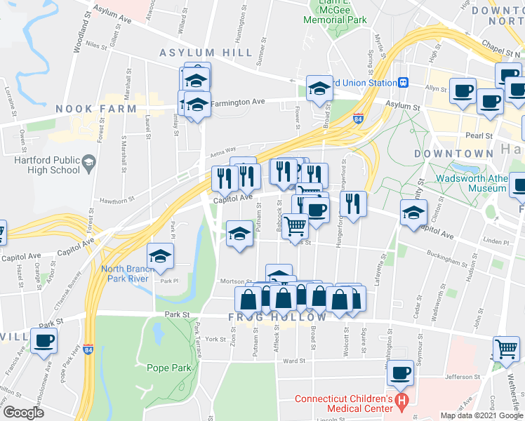 map of restaurants, bars, coffee shops, grocery stores, and more near 250 Putnam Street in Hartford