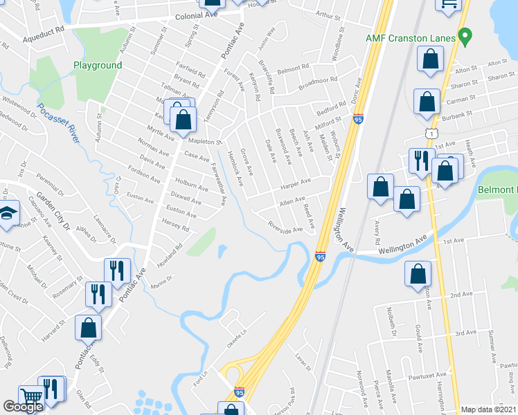 map of restaurants, bars, coffee shops, grocery stores, and more near 145 Allen Avenue in Cranston
