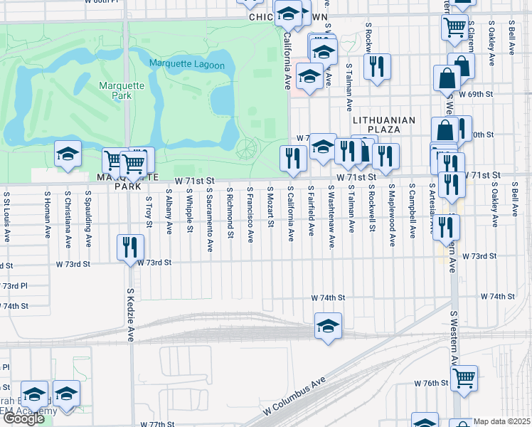 map of restaurants, bars, coffee shops, grocery stores, and more near 7150 South Mozart Street in Chicago