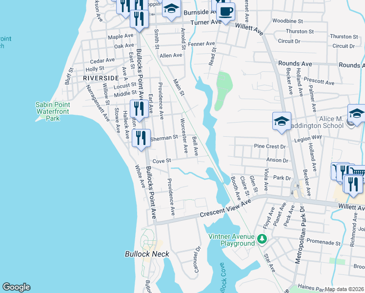 map of restaurants, bars, coffee shops, grocery stores, and more near 80 Hartford Avenue in East Providence