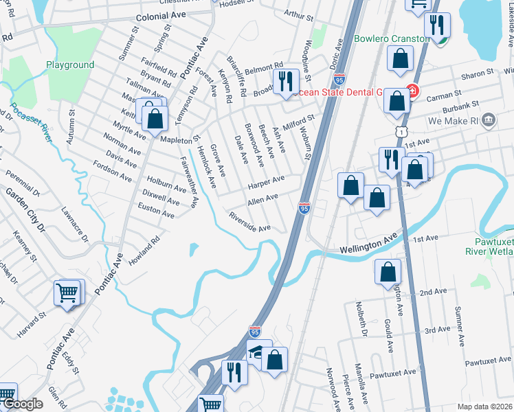 map of restaurants, bars, coffee shops, grocery stores, and more near 2 Linden Avenue in Cranston