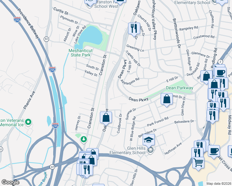 map of restaurants, bars, coffee shops, grocery stores, and more near 3 Dean Ridge Drive in Cranston