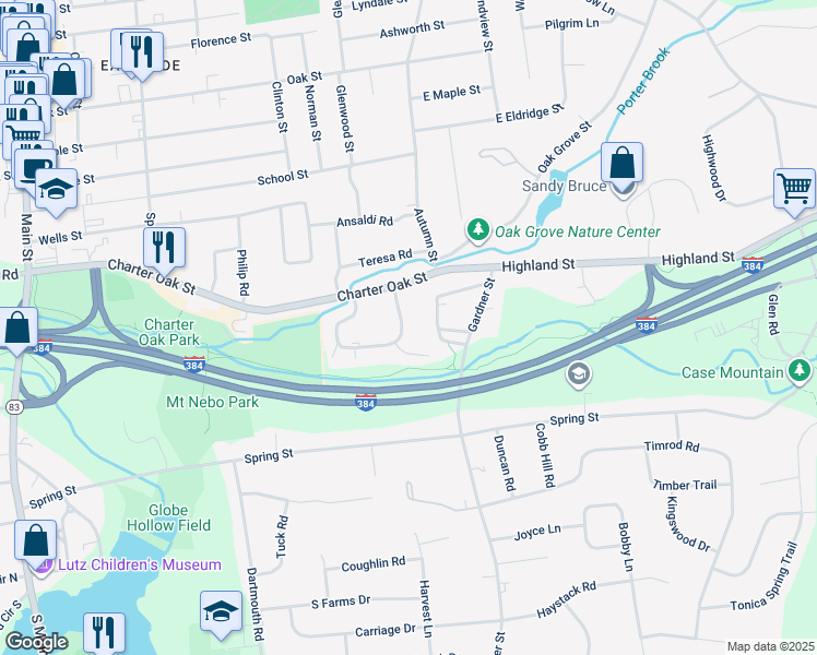 map of restaurants, bars, coffee shops, grocery stores, and more near 113 Sycamore Lane in Manchester