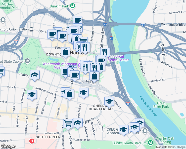 map of restaurants, bars, coffee shops, grocery stores, and more near 44 Front Street in Hartford
