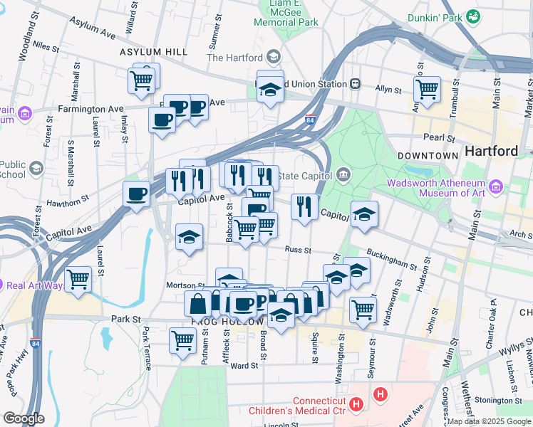 map of restaurants, bars, coffee shops, grocery stores, and more near in Hartford