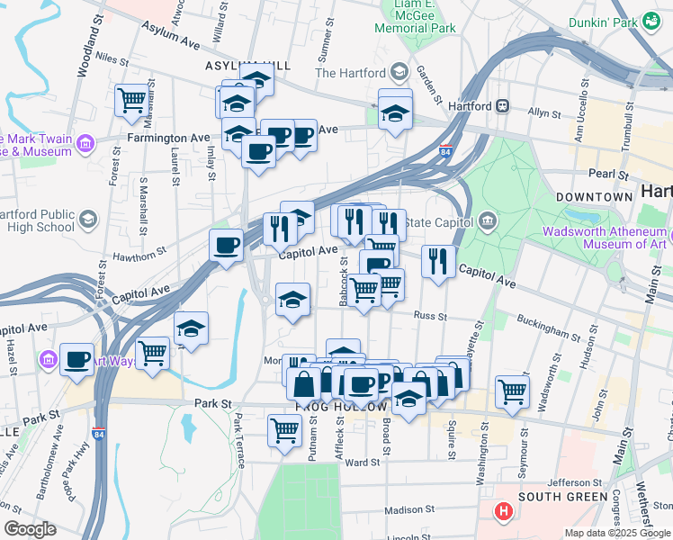 map of restaurants, bars, coffee shops, grocery stores, and more near 250 Putnam Street in Hartford