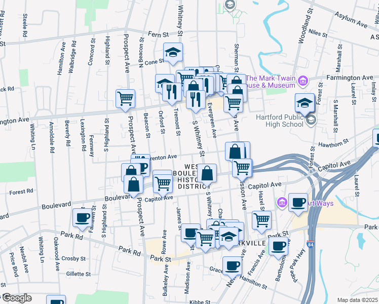 map of restaurants, bars, coffee shops, grocery stores, and more near 86 Warrenton Avenue in Hartford