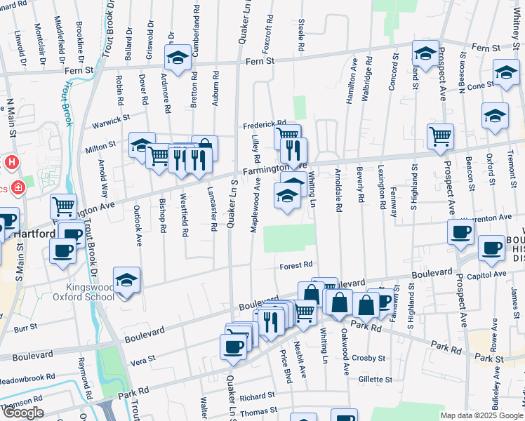 map of restaurants, bars, coffee shops, grocery stores, and more near 50 Maplewood Avenue in West Hartford