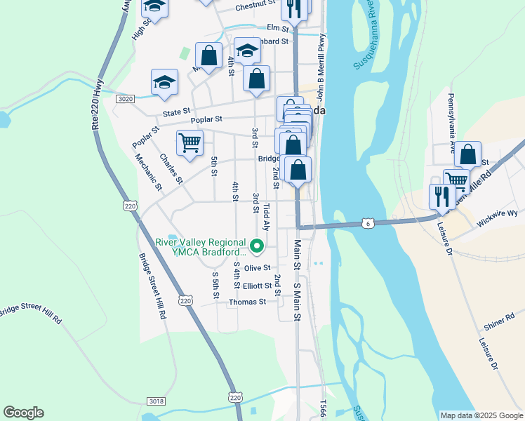 map of restaurants, bars, coffee shops, grocery stores, and more near 604 2nd Street in Towanda