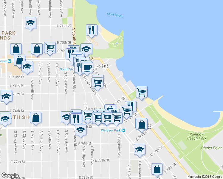 map of restaurants, bars, coffee shops, grocery stores, and more near 7325 South Coles Avenue in Chicago