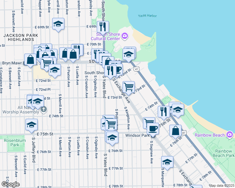 map of restaurants, bars, coffee shops, grocery stores, and more near 7250 South Exchange Avenue in Chicago