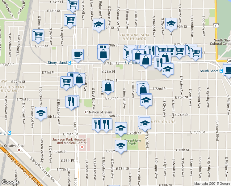 map of restaurants, bars, coffee shops, grocery stores, and more near 7249 South Constance Avenue in Chicago