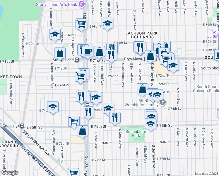map of restaurants, bars, coffee shops, grocery stores, and more near 7243 South Ridgeland Avenue in Chicago